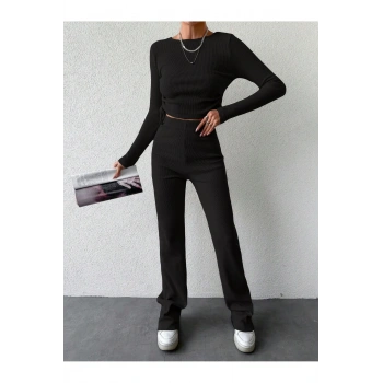 Himenisa Kadın Yandan Ipli Crop Bluz Kaşkorse Pantolon Triko Alt-üst Takım