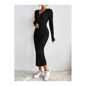 Kadın Siyah Fitilli Oversize Triko Elbise