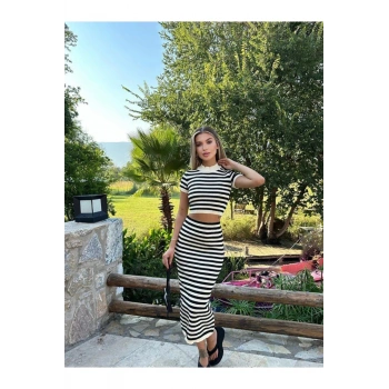 Siyah Beyaz Çizgili Crop Etek Takım