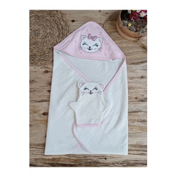 Kedi Nakışlı & Başlıklı Bebek Banyo Havlusu - Yumuşak & Su Emici Bebek Havlusu - %100 Pamuklu