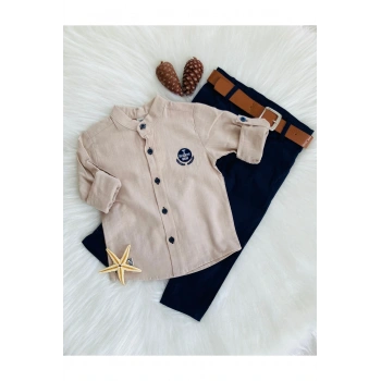Hakim Yaka Keten Gömlek Ve Kemerli Pantolon Erkek Çocuk Takım