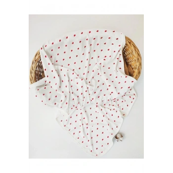 (ÇİFT KATLI) Kırmızı Kalpli Organic %100 Pamuklu Bebek Battaniye