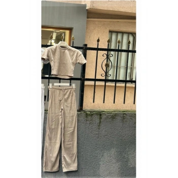 Kadın KIsa Kol Crop Yüksek Bel Bol Paça Kaşkorse Takım