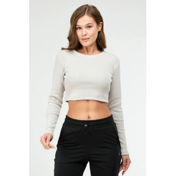 Bej Slim Fit Pamuklu O Yaka Crop Top Kaşkorse Kadın Tişört Sf0760