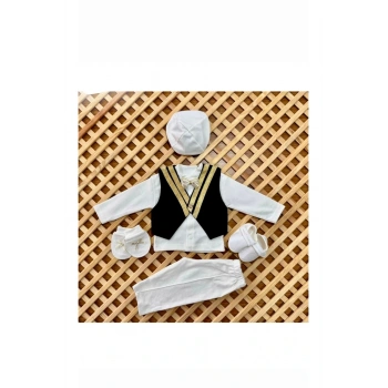 Erkek Bebek Takımı Mevlütlük Şapka Yelek Papyon Patik Pantalonlu 0-6 Aylık Yenidoğan Hediyelik