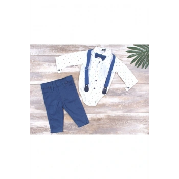 Erkek Bebek Mavi Tulum Gömlekli Papyonlu Takım