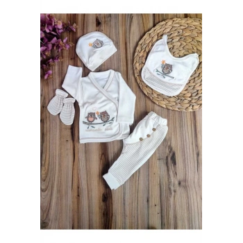 Yenidoğan 5li Hastane Çıkışı % 100 Pamuk Özel Tasarım Nakışlı Unisex Kahverengi Mevsimlik Hediyelik