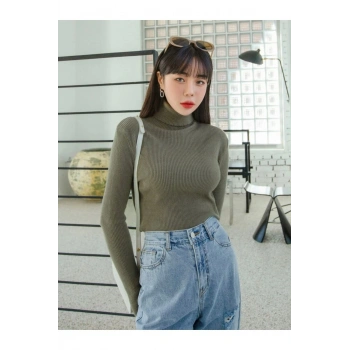 Kadın Pamuklu Balıkçı Yaka Şardonlu Slimfit Boğazlı Kazak Fitilli Bady