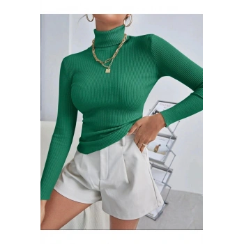 Kadın Pamuklu Balıkçı Yaka Şardonlu Slimfit Boğazlı Kazak Fitilli Bady