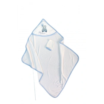 Mavi Başlıklı Erkek Bebek Havlusu Yenidoğan Kundak Bornoz Doğal Pamuk