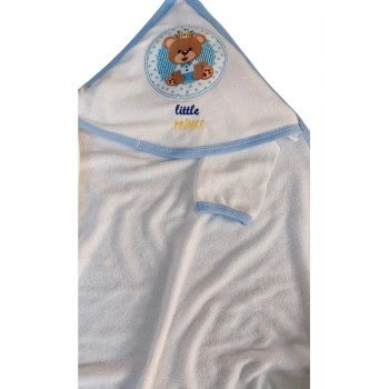 Mavi Başlıklı Erkek Bebek Havlusu Yenidoğan Kundak Bornoz Doğal Pamuk