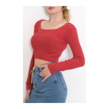 Kare Yaka Uzun Kollu Crop Bluz, Parmak Geçmeli