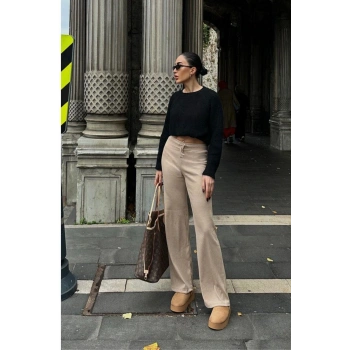 İspanyol Paça Fitilli Bağcıklı Pantolon Bej