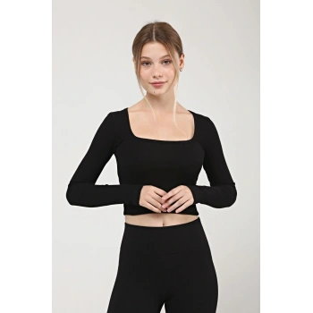 Kadın Siyah Kare Yaka Uzun Kollu Fitilli Örme Crop Bluz