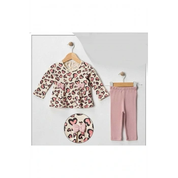 Leoparlı Kalp Baskılı Kurdeleli Kız Bebek 2Li Taytlı Takım