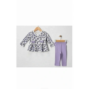 Leoparlı Kalp Baskılı Kurdeleli Kız Bebek 2Li Taytlı Takım