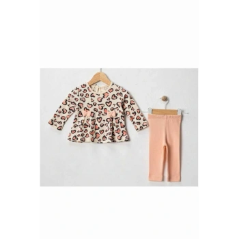 Leoparlı Kalp Baskılı Kurdeleli Kız Bebek 2Li Taytlı Takım
