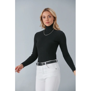 Siyah  Balıkçı Yaka Kaşkorse Şardonlu Slimfit Boğazlı Kazak