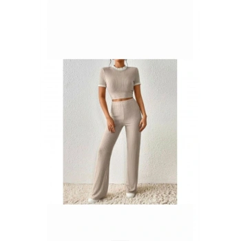 Kadın Kisa Kol Crop Yüksek Bel Bol Paça Kaşkorse Takım