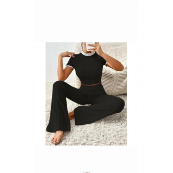 Kadın Kisa Kol Crop Yüksek Bel Bol Paça Kaşkorse Takım