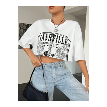 Kadın Gitar Baskılı Oversize Crop T-shirt