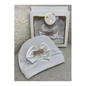 Pamuklu Şık ve Rahat Papyon Nakışlı Tasarım Bebek Beresi