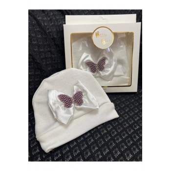 Pamuklu Şık ve Rahat Papyon Nakışlı Tasarım Bebek Beresi