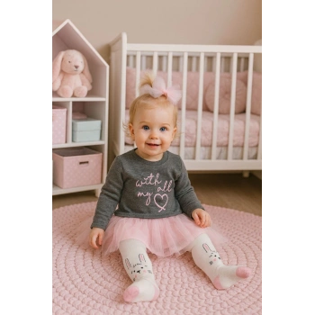 Tütülü 2 İp Şardonlu Elbise+Külotlu Çorap+Fiyonklu Tül Saç Bandı