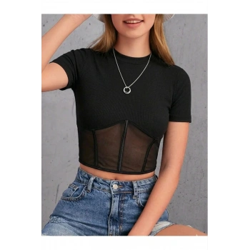 Siyah Dik Yaka Tül Detaylı Kaşkorse Pamuk Kadın Tişört