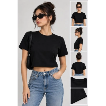 BİSİKLET YAKA KISA KOLLU CROP TİŞÖRT