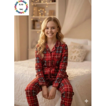 Çocuk Ekose Süet Pijama Takımı
