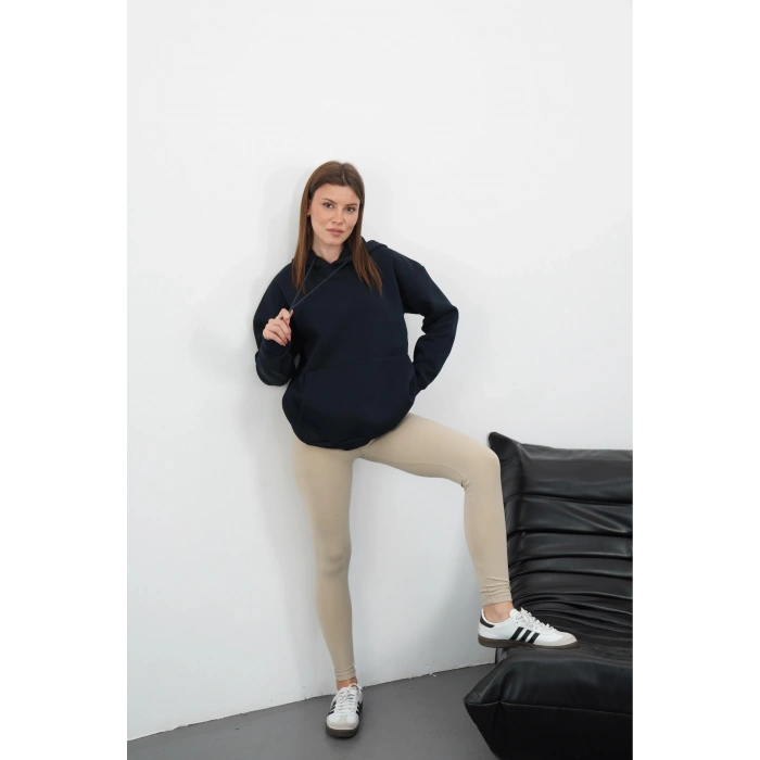 3 iplik şardonlu kapşonlu swetshirt lacivert md63