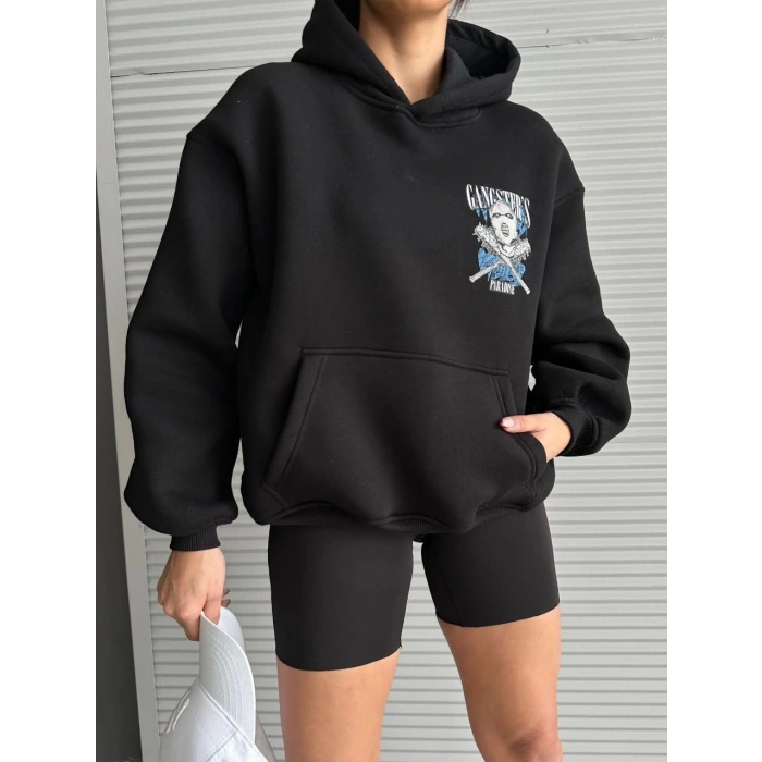 3 iplik şardonlu oversize kafa baskılı sweat siyah