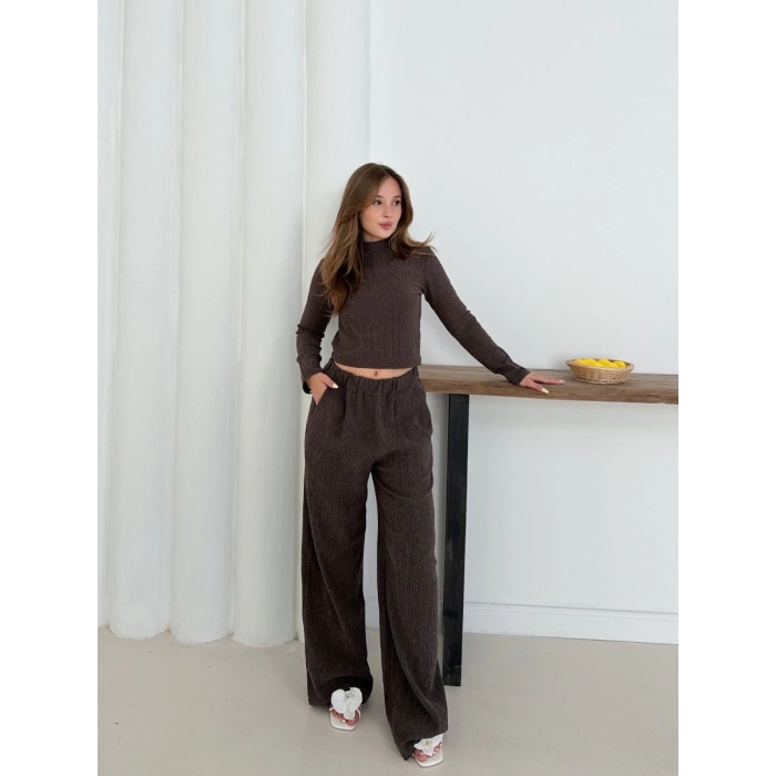 Balıkçı yaka örme takım kahve st265865