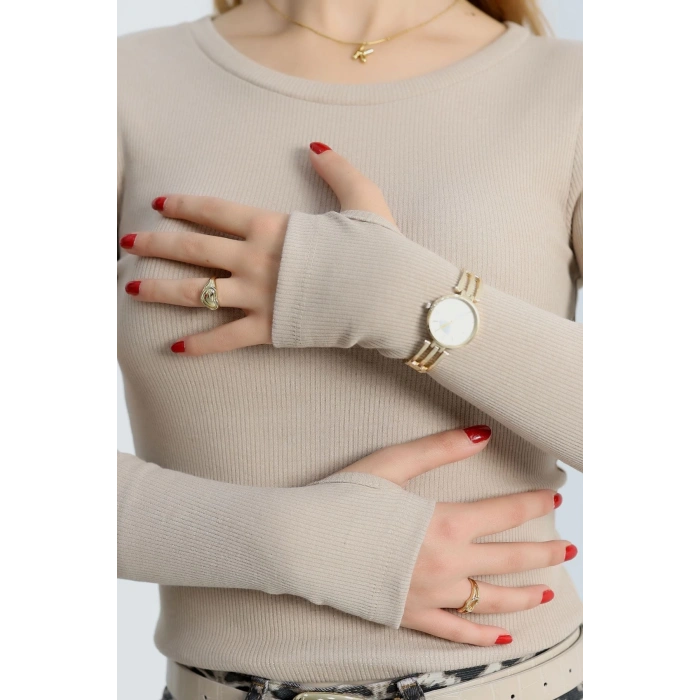 Bisiklet Yaka Parmak Geçmeli Kaşkorse bluz bej a3829