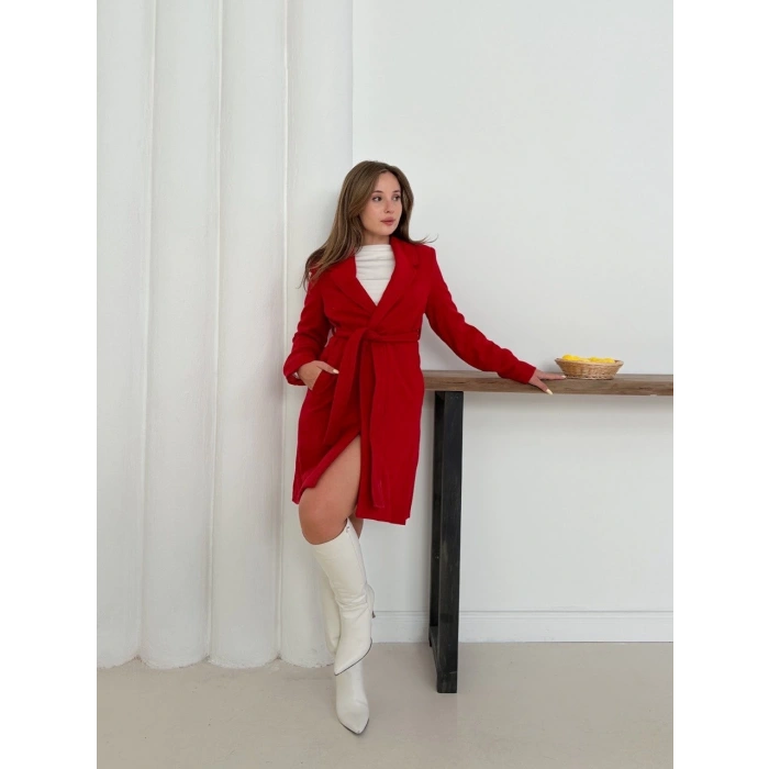 Cepli kuşaklı kaşe kaban kırmızı st26458