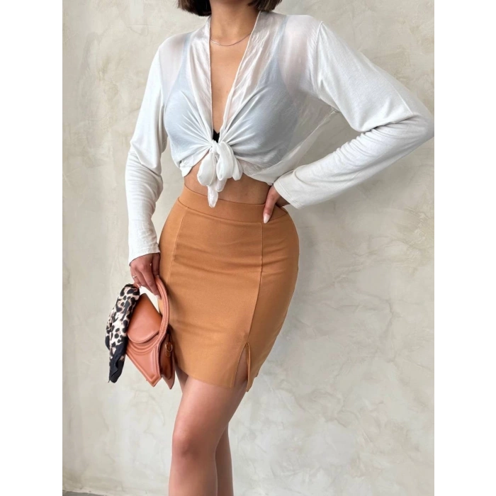 Çift yırtmaçlı etek camel s25910