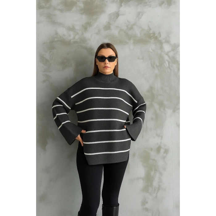 Çizgili ispanyol kol triko boğazlı kazak antrasit elf