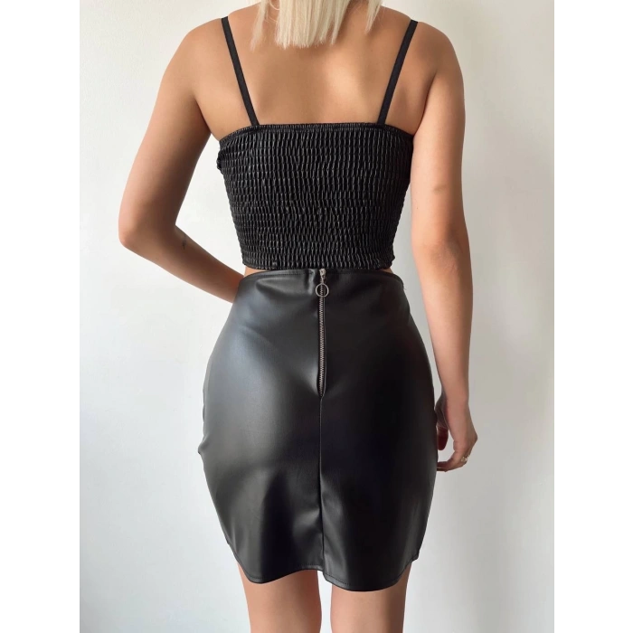 Drapeli deri etek siyah w26771