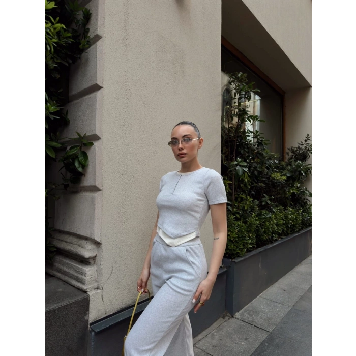 Düğme yakalı gri alt üst takım s3943