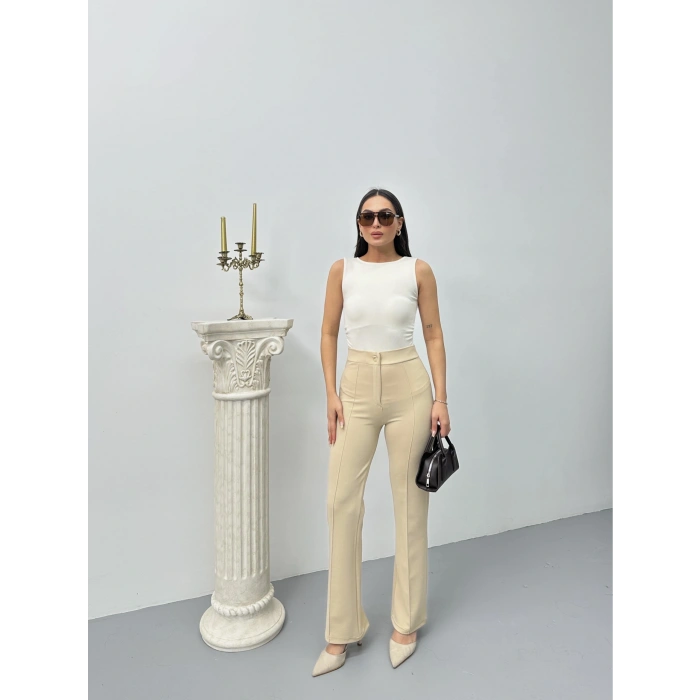 Düğmeli Palazzo pantolon bej p170091