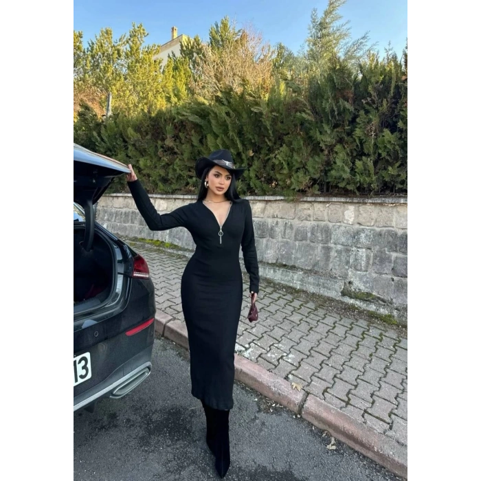 Fermuar detaylı fitilli şardonlu elbise siyah a3178