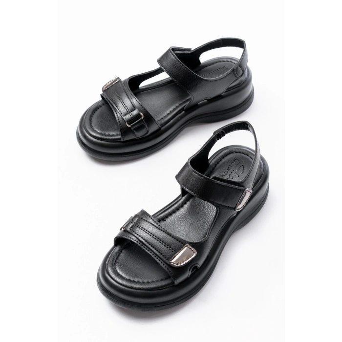 Ginya Siyah Cilt Cırt Cırtlı Sandalet