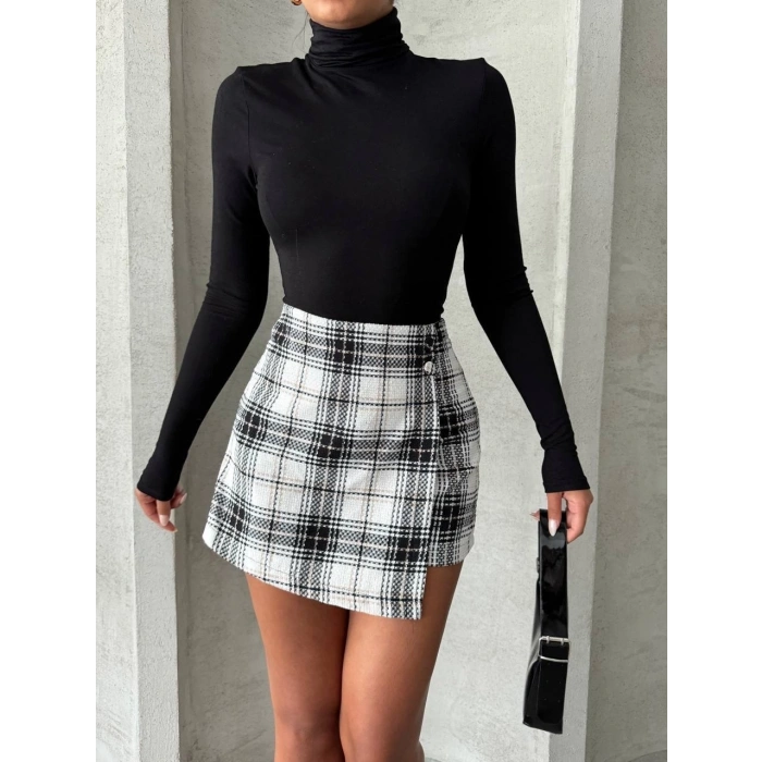 İki düğmeli şort ch kumaş etek ekoseli siyahbeyaz h26414