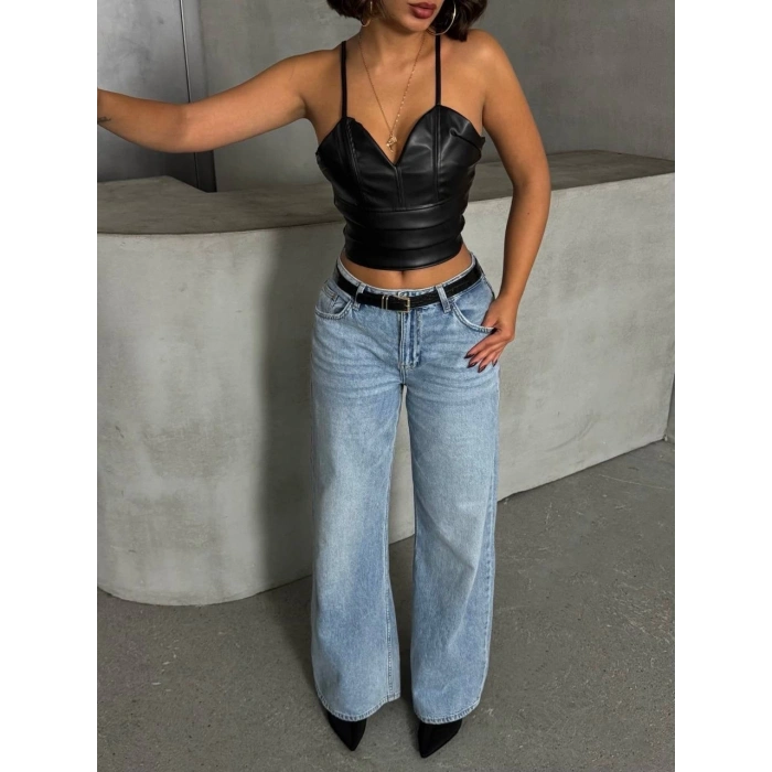 İp askılı yandan fermuarlı rastale deri crop siyah s24113