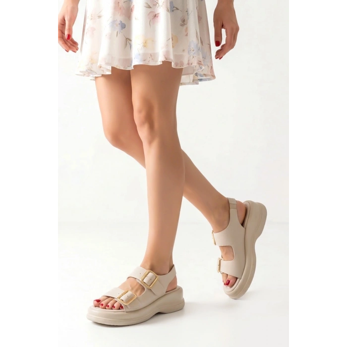 Kaji Bej Cilt Çift Tokalı Sandalet