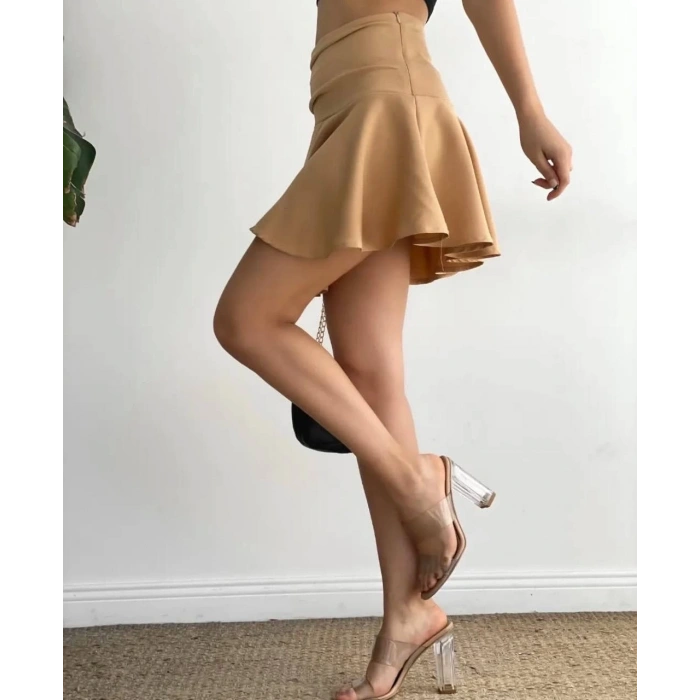 Kemerden büzgülü etek camel