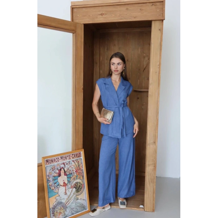 Keten yelek pantolon takım indigo pt