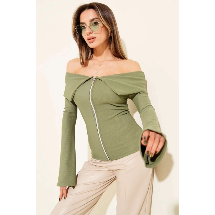 Omzu Açık Fermuarlı Bluz haki T4330