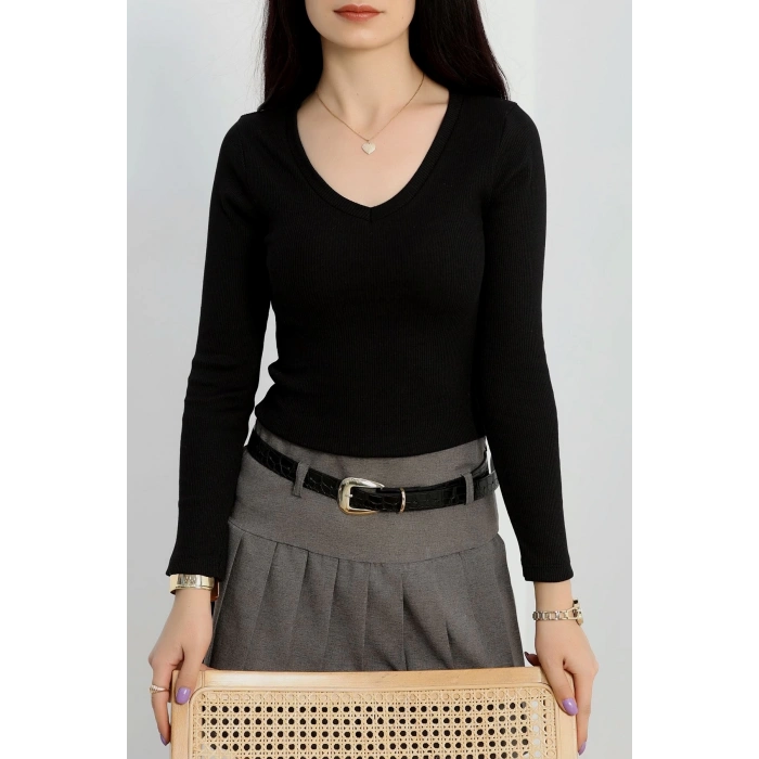 V yaka kaşkorse bluz siyah a3699